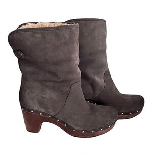 Ugg Grey Suede ‘Lynnea’ Fold-over Shearling Lined Heeled Clog Boots, Size 9